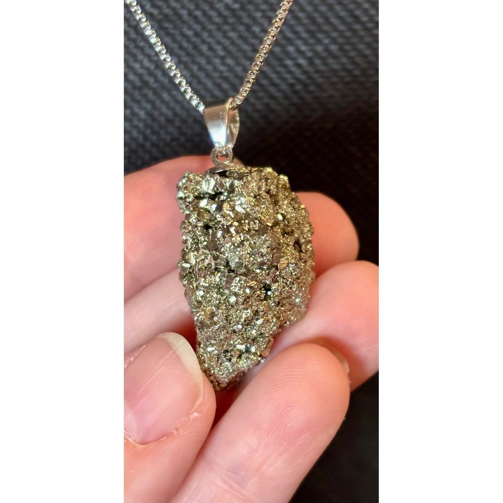 Raw Pyrite Crystal Pendant Necklace Stainless Steel Box Chain Gold Tone Stone